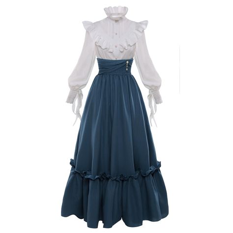 PRICES MAY VARY. Package Included - 1* victorian / edwardian blouse; 1* maxi skirt. Material - The victorian dress costume is made of polyester, very noble and elegant. heavy hem and not see-through. Features - Elegant ruffle stand collar, Puff long sleeves with ribbon cuff design to increase the sense of vintage. The victorian skirt is full length, high waist with fold design and decorate with pearl pendant. All designs give this victorian costume dress a retro look. Multiple Uses - The top and Victorian Dresses Vintage, Victorian Queen Costume, Victorian Noble Dress, Victorian House Dress, Edwardian Clothing Women, Elegant Victorian Dresses, Halloween Costumes Steampunk, 1800 Costume, Victorian Dress Blue