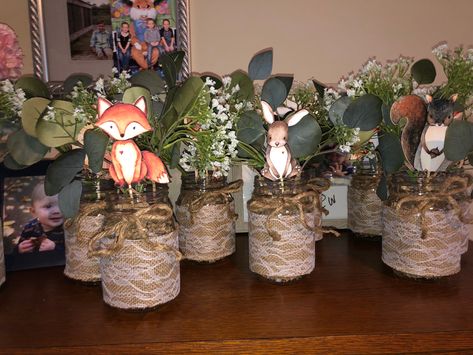 Woodland Mason Jar Centerpieces, Woodland Baby Shower Centerpieces Boy, Woodland Centerpiece Ideas, Woodland Baby Shower Centerpieces, Enchanted Forest Baby Shower, Woodland Creatures Baby Shower, Woodland Baby Shower Decorations, Fox Baby Shower, Green Baby Shower