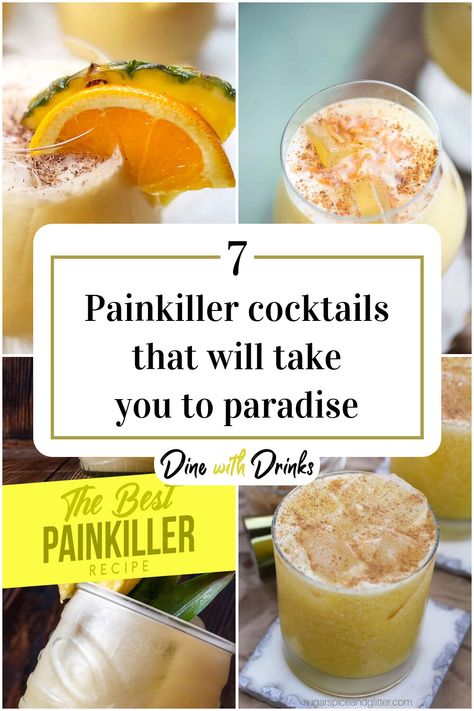 Collage of 4 painkiller cocktails. Pain Killer Drink Recipe, Pain Killer Cocktail, Painkiller Drink Recipe, Painkiller Drink, Painkiller Recipe, Painkiller Cocktail, Tropical Drink Recipes, Batch Cocktail Recipe, Caribbean Drinks