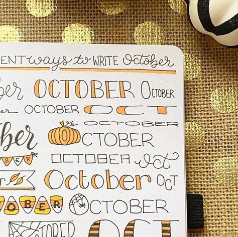 Nicole Barlettano on Instagram: "Different Ways to Write October 🎃🍂💛 Journal: @archerandolive Pens: @fabercastellusa #bujo #bulletjournal #bujoinspiration #bujoideas #bujocollections #bulletjournaling #bulletjournalideas #bulletjournalcommunity #bulletjournalist #creativejournal #creativejournaling #october #lettering #doodle #drawing #journal #planner #plan #fabercastell" How To Write October In Calligraphy, October Lettering Bullet Journal, October Calendar Doodles, October Doodles Bullet Journal, October Handwriting, October White Board Ideas, October Calendar Ideas, Month Doodles, October Calligraphy