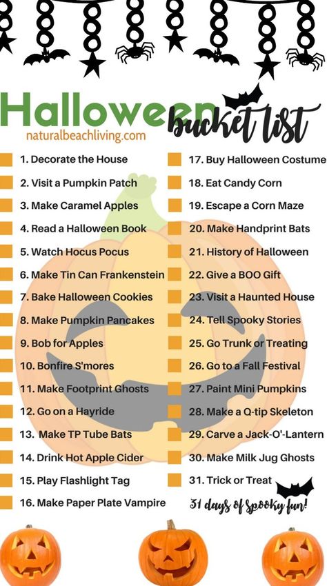 31 Halloween Bucket List Ideas, October Bucket List, Halloween Activities for Kids, Free Printable Bucket List, Fun Halloween Bucket List, Things to do in October #Halloween #Halloweenbucketlist #Halloweenactivities Family Halloween Bucket List, October Things To Do With Kids, Things To Do October, Halloween Weekend Ideas, October Bucket List For Kids, Halloween Bucket List For Kids, Halloween Activities For Families, Halloween Things To Do With Kids, October Activities For Adults