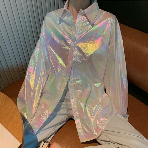 Hologram Outfit, Iridescent Accessories, Iridescent Outfit, Clear Jacket, Holographic Fashion, Bubble Goth, Vintage Clothing Stores, Jersey Jacket, Y2k Aesthetic Outfits