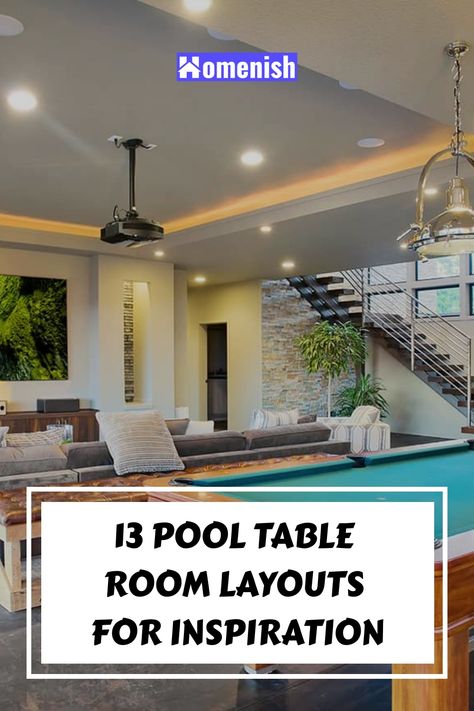 A pool table is a great addition to any home, but they are so large that it can be tricky finding a place for them to fit. Here we look at various pool room layouts to use as inspiration in your own space. Rug For Pool Table, Family Room With Pool Table Layout, Pool Table Room Aesthetic, How Much Room Do You Need For A Pool Table, Pool Table Small Room Ideas, Pool Table Living Room Ideas, Pool Table In Basement, Rug Under Pool Table, Family Room With Pool Table