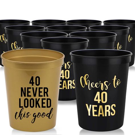 PRICES MAY VARY. STYLISH DESIGN - Our package contains 11 Black and Yellow Gold 16oz "Cheers to 40 Years" Cups and 1 "40 Never Looked So Good"! DOUBLE SIDED PRINT- Each cup has a decorative "Cheers to 40 Years" Cups or "40 Never Looked So Good" writing! DURABLE & REUSABLE - Just quickly hand wash them and they are ready for your next Birthday Party! PERFECT FOR ANY PARTY - These Eco-Friendly and BPA Free cups are perfect for all ages! They can store Alcoholic or any drinks! Your guests can even Cheers To 40 Years Decorations, 40th Birthday Party Ideas For Him, Men’s 40th Bday Theme, Male 40th Birthday Party Ideas, Birthday Party Decorations Black Gold, Gold 40th Birthday Decorations, 40 Never Looked So Good, Gold Theme Party Decorations, Masculine Birthday Party