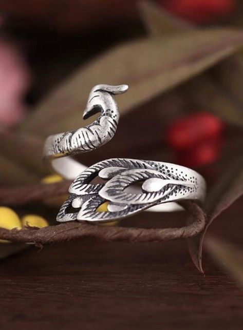 Aliexpress Products, Silver Earrings Aesthetic, Peacock Ring, Silver Wrap Ring, Earrings Aesthetic, Stil Boho, Feather Ring, Beautiful Bird, Stylish Rings