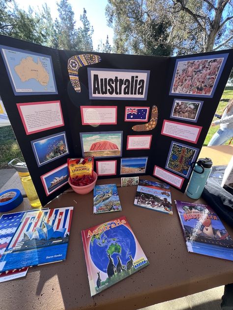 Australia informational board at a local homeschool international fair. Heritage Fair Project Board, Cultural Fair Ideas, International Fair School, International Fair Ideas, Australia Bulletin Board, International Day Ideas, Australia Montessori, Poster Board Ideas School Project, Culture Day At School Ideas