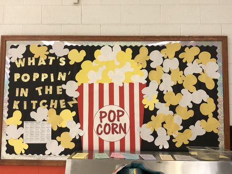 Cafeteria bulletin boards Cafeteria Theme Ideas, Back To School Bulletin Boards Elementary Cafeteria, Elementary Cafeteria Bulletin Board, Cafeteria Bulletin Board Ideas Food, Food Themed Bulletin Boards, Lunch Lady Bulletin Boards, Food Theme Bulletin Board Ideas, Culinary Bulletin Boards, Lunchroom Bulletin Boards