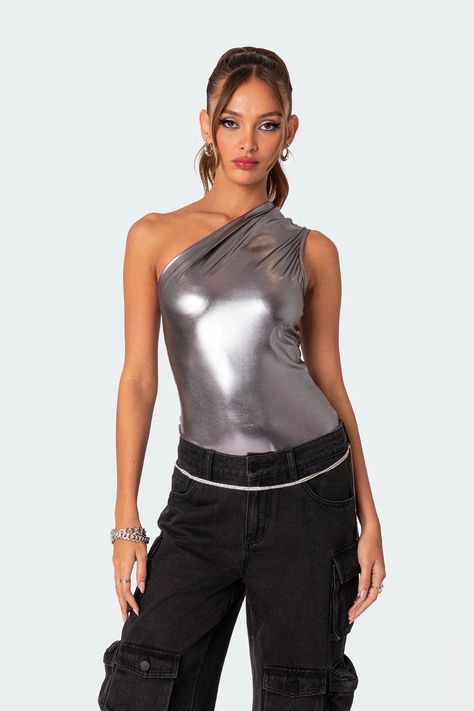 Feona Gathered Metallic Bodysuit – edikted Metallic Bodysuit, Womens Sleeveless Tops, Casual Summer Tops, Metallic Fabric, Cropped Tube Top, Metallic Dress, Casual Tops For Women, Dressy Tops, Shoulder Design