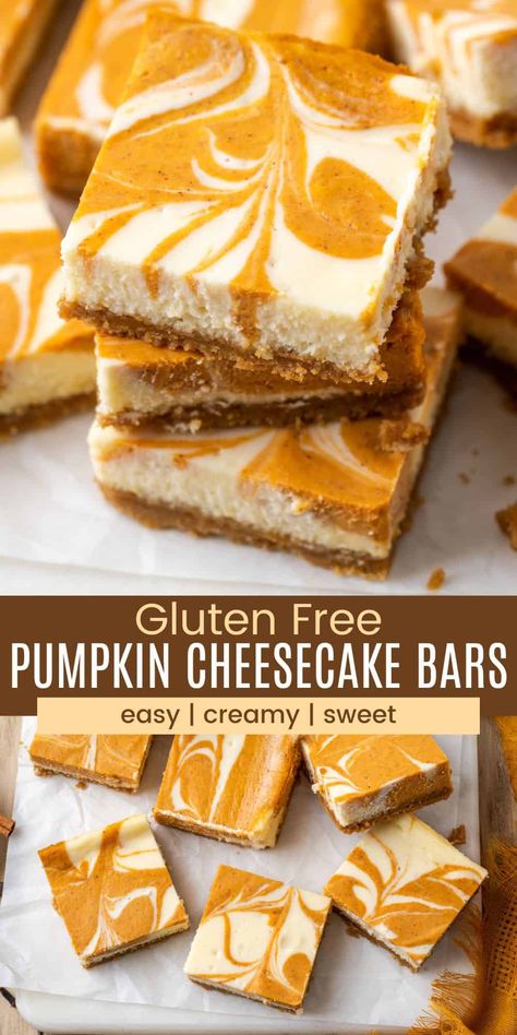 Pumpkin Cheesecake Bars take all the things you love about fall and fold them into a pumpkin-swirled, dreamy cheesecake filling on a crisp gluten-free cookie crust. The perfect handheld dessert for a Halloween party or a sweet after-school treat! Gluten Free Thanksgiving Desserts, Pumpkin Cheesecake Bars Recipe, Gluten Free Graham Cracker Crust, Fall Desserts Gluten Free, Gf Thanksgiving, Gluten Free Pumpkin Desserts, Gluten Free Pumpkin Cheesecake, Gluten Free Pumpkin Bars, Gluten Free Pumpkin Recipes