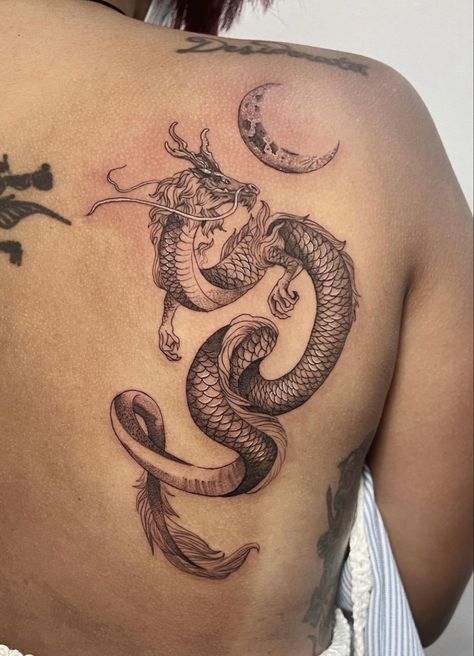 Bakunawa Tattoo Design, Filipino Mythology Tattoo, Dragon Moon Tattoo Design, Snake Tattoos Backs, Water Serpent Tattoo, Serpent Back Tattoo, Filipino Dragon Tattoo, Chinese Mythology Tattoo, Snake And Dragon Tattoo