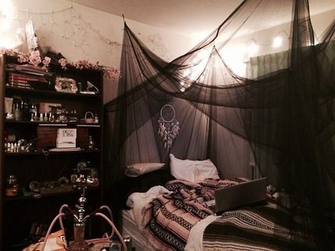 Okay I'm liking the black material Goth Apartment Aesthetic, Goth Bedroom Ideas For Small Rooms, Vampire Bedroom Aesthetic, Gothic Bedroom Aesthetic, Scary Bedroom, Horror Bedroom Ideas, Witchy Bedroom Aesthetic, Goth Home Aesthetic, Goth Bedrooms