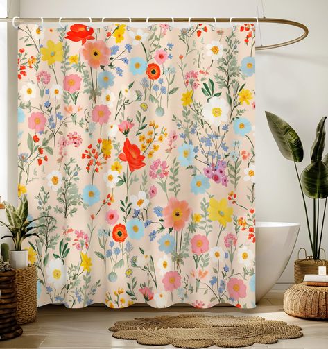 PRICES MAY VARY. Premium Quality: This shower curtain is crafted from top-grade 100% polyester, effectively blocks water splashes and keeping your bathroom floor dry and clean. The special fabric further enhances its quality, making it an ideal choice for you bathroom. Easy-Clean & Quick-Dry: This shower curtain of ours is easy to clean and dries quickly. Simply wipe away stains or water stains with a damp cloth and the curtain will look brand new. The quick drying material ensures that the show Boho Floral Shower Curtain, Granny Chic Bathroom, Wildflower Shower Curtain, Apartment Finds, Bohemian Shower Curtain, Teen Bathrooms, Floral Bathroom Decor, Yellow Bathroom Decor, Cute Shower Curtains