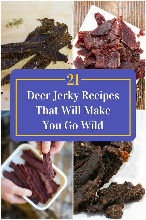 Collage of 4 deer jerky recipes. Venison Beef Jerky Recipes, Spicy Venison Jerky, Deer Jerkey Recipes Marinade, Homemade Jerky Seasoning Recipes, Deer Meat Jerky Recipes, Spicy Deer Jerky Recipe, Teriyaki Deer Jerky Recipe, How To Make Deer Jerky, Sweet Deer Jerky Recipe