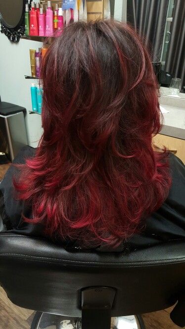 Brown to red ombre Dark Red Haircut, Brown With Red Tips Hair, Dark Red Fade Hair, Red Underlayer Hair Brown, Red Hair With Lighter Red Highlights, Wine Red Streaks In Black Hair, Red Tips On Dark Hair, Hair Dye For Brown Hair Ideas, Layered Hair Red Highlights