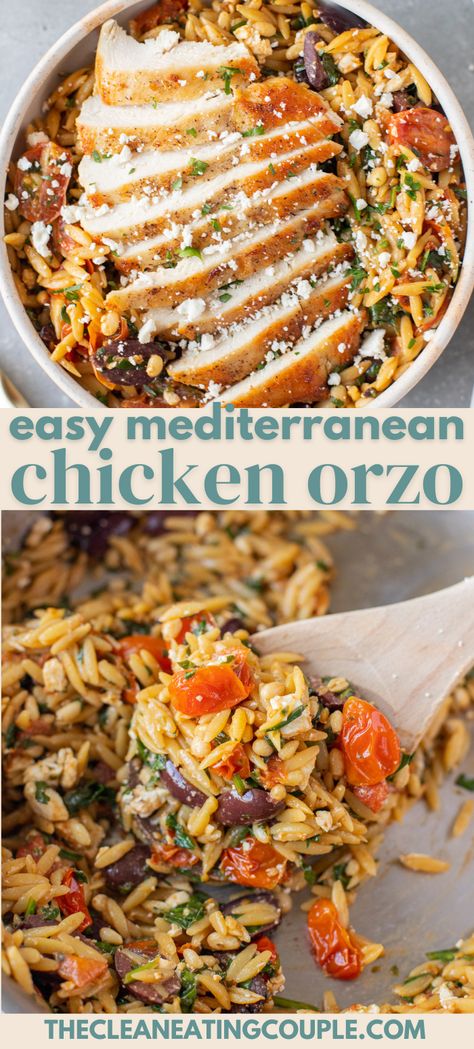 Easy Mediterranean Chicken Orzo salad is an easy and delicious one pan dinner! Made with simple ingredients, packed with flavor and done in under 30 minutes! The perfect Mediterranean salad bowl! Clean Eat Dinner Recipes, Outlive Recipes, Mediterranean Chicken Orzo Recipes, Mediterranean Chicken With Orzo, Meditterean Dinner Recipes, Healthy Mediterranean Pasta Recipes, Meditarian Diet Recipes Dinner, Medatrainian Recipes Dinners, Mediterranean One Pot Meals