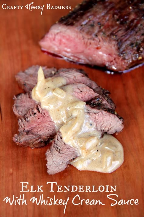 Wild Game Recipes Deer, Elk Tenderloin, Whiskey Cream Sauce, Elk Meat Recipes, Cooking Scallops, Honey Badgers, Elk Recipes, Whiskey Cream, Deer Recipes