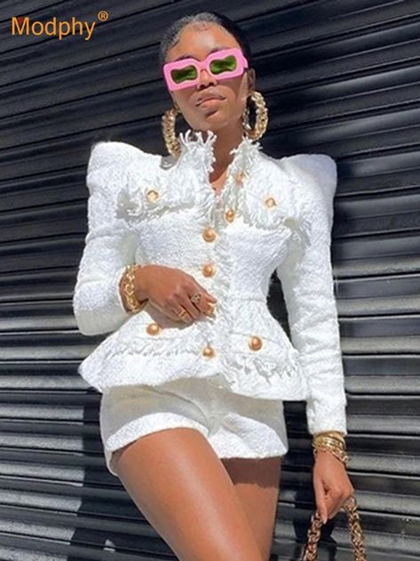 Elegant White Tweed Women Set Single-breasted Fringed Jacket & High Waist Shorts Suit Fashion Tweed Women, Fringed Jacket, Tweed Set, Celebrity Party, Barbie Mode, White Tweed, Fringe Jacket, High Waist Shorts, Elegantes Outfit