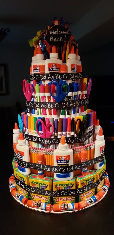 School supply cake School Supply Cake For Teacher, Teacher Supply Cake, School Supply Cake, School Centerpieces, Teacher Appreciation Breakfast, Teacher Graduation Party, School Supplies Cake, Light Cooking, Teacher Cakes