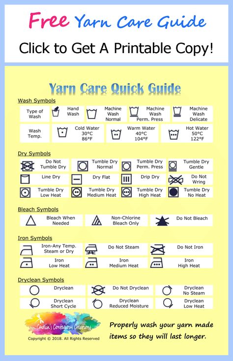 Yarn Care Quick Guide - Caitlin's Contagious Creations How To Charge For Crochet Items, Yarn Weights Cheat Sheet, Crochet Stitches Cheat Sheet, Crochet Cheat Sheet, Crochet Printables, Crochet Diys, Crochet Reference, Crocheting Tips, Gato Crochet