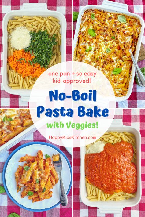 An easy, healthy dinner the whole family will love. No-Boil Pasta Bake is filled with veggies and made right in the baking dish. No extra pot to cook the pasta! #weeknightdinner #whatsfordinner #noboilpasta #pastadinner #bakedpasta #cookingwithkids Pasta Bakes Healthy, Easy No Boil Pasta Bake, Pasta Bake No Cheese, Pasta Bake With Veggies, Pasta Cooked In Oven, Pasta Kids Love, No Cook Pasta Bake, No Boil Baked Pasta, Pasta In The Oven