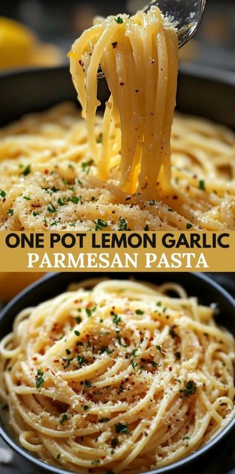 Indulge in a delightful culinary experience with this Simple Lemon Garlic Parmesan Pasta, all made in one pot for easy cleanup. Perfect for busy weeknights, this dish combines zesty lemon, savory garlic, and rich Parmesan to create a flavor-packed meal that everyone will love. With minimal ingredients and maximum taste, it's a go-to recipe for pasta lovers seeking a quick and satisfying dinner option. Enjoy the simplicity and elegance of this comforting dish that brings gourmet flavors to your table without the fuss. One Pot Lemon Garlic Parmesan Pasta, Easy Meals With Pasta, Gf Pasta Dishes, Garlic Linguine Pasta, Lemon Garlic Sauce For Pasta, One Pot Lemon Pasta, Easy Light Pasta Recipes, Pasta Parmesan Recipes, One Pot Garlic Parmesan Pasta