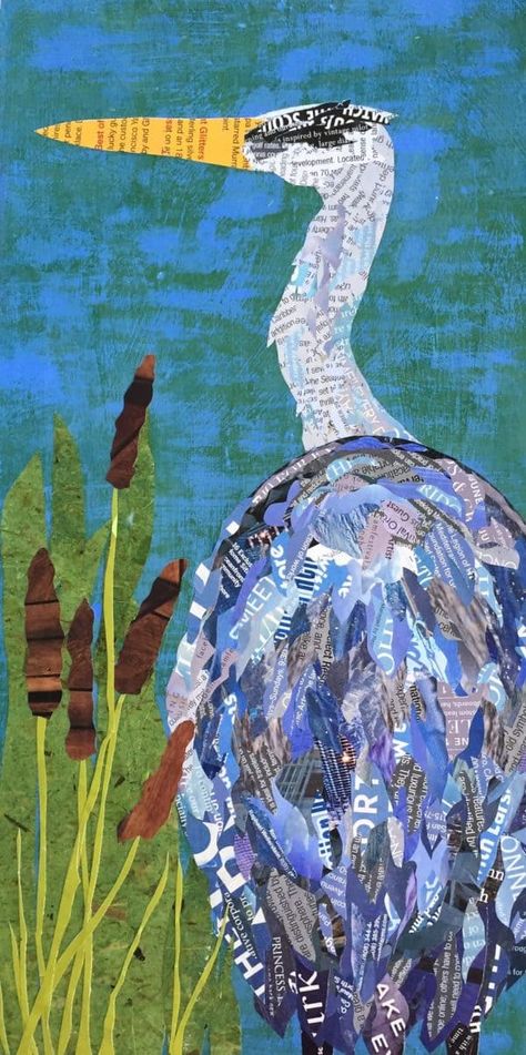 Mixed Media Art: Heron Hunting Wall Art • Recyclart News Paper Collage Art, Newspaper Collage Art, Bird Mosaics, Collage Nature, Heron Art, Paper Collages, Art Newspaper, Nature Collage, Newspaper Art