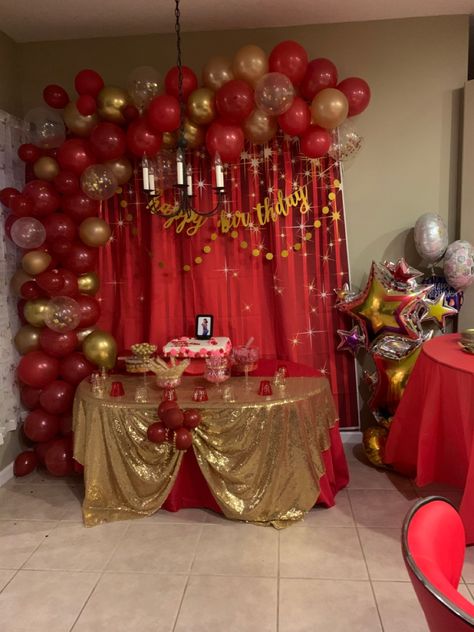 Red and gold birthday decor Red And Gold 80th Birthday Party, Gold And Red Birthday Decorations, Red And Gold Balloons Decoration, Gold And Red Birthday Theme, Red Gold Decorations Party Ideas, Red And Gold 50th Birthday Party Ideas, Red Balloon Decorations Birthday, Red Gold Party Decorations, Red And Gold Birthday Theme