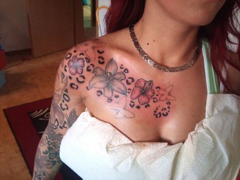 Shoulder Cheetah Print Tattoo, Cheetah Shoulder Tattoos For Women, Leopard Print Flower Tattoo, Rose And Leopard Print Tattoo, Cheetah Print Flower Tattoo, Leapord Print Tattoos, Cheetah And Flower Tattoo, Leopard Print Arm Tattoo, Cheetah Print Sleeve Tattoo