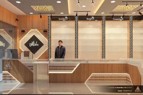 Jewellers Shop Counter Design, Jewellery Shop Board Design, Shop Counter Back Wall Design, Cash Counter Back Wall Designs, Shop Counter Design Clothes, Modern Cash Counter Design Retail Shops, Counter Design Shop Retail Stores, Jewellery Counter Design, Small Jewelry Shop Interior Design