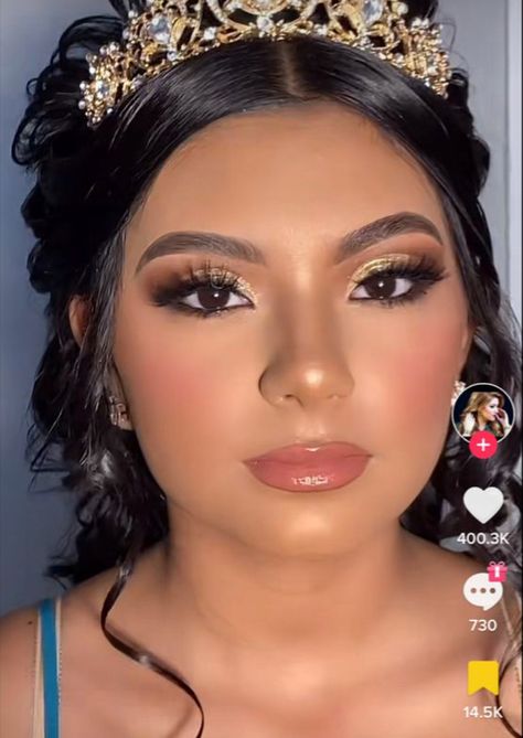 Quince Make Up Emerald Green, Subtle Quince Makeup, Quince Makeup Looks For Red Dress, Full Face Makeup Quinceanera, Gold Makeup Looks Quinceanera, Quince Gold Makeup Looks, Natural Glam Quince Makeup, Enchanted Forest Theme Quinceanera Makeup, Quinceanera Make Up Natural