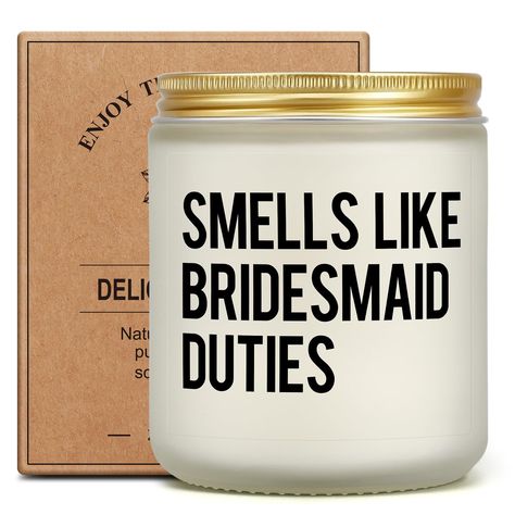 PRICES MAY VARY. 【FUNNY BRIDESMAID GIFTS】This lavender candle features funny quotes”Smells Like Bridesmaid Duties”. Interesting gifts for bridesmaid proposal party, wedding party, engagement, bridal shower and bachelorette party. A creative candle gift for sister, friends, and besties. 【50 HOURS BURN TIME】Made with 100% natural soy wax and an unbleached cotton wick, the candle has a long-lasting clean burning with consistent even melting. This sweet candle will be a nice reminder of their awesom Bridesmaid Fun Ideas, Gag Gifts For Bachelorette Party, Bridesmaid Asking Ideas Diy, Bridesmaid Ideas Gift, Day Of Wedding Gifts For Bride, Will You Be My Bridesmaid Proposal, Bridesmaid Ask Ideas, Bridesmaid Care Package, Gifts To Bridesmaids From Bride