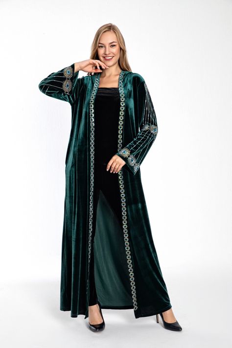 Velvet abaya with perfect design embroideries Kaftan Abaya Dubai, Velvet Dress For Women, Velvet Abaya, Velvet Kaftan, Long Velvet Dress, Neck Patterns, Kaftan Abaya, Women Embroidery, Abaya Designs