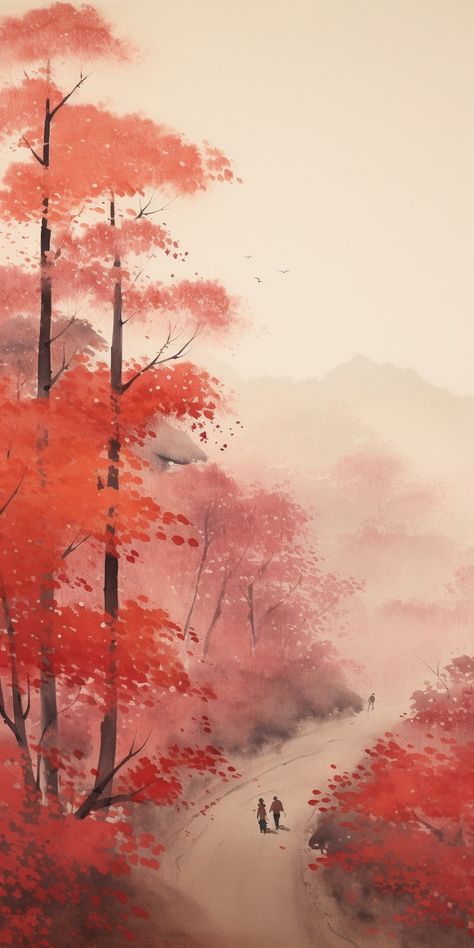 Art print illustrating Kyoto's serene autumn landscapes with wine-red maple leaves, inspired by Mira Nakamoto's vision. A nostalgic journey of harmony and peace, curated by Asian Ambiance. Trees With Red Leaves, Japanese Red Maple, Red Maple Tree, Wine Packaging Design, Japanese Tree, Minecraft Inspiration, Maple Trees, Japanese Maple Tree, Japanese Landscape