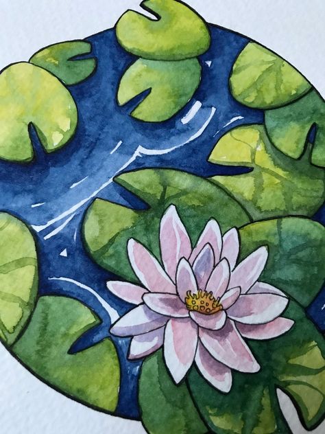 Water Lilie Pond Painting Green Lotus Leaf Watercolor Lily Pad | Etsy Koi Fish Lotus Pond Painting, Water Lily Colors, Pond With Lily Pads Drawing, Lilly Pad Flowers Drawing, Lotus Pond Watercolor, Pond Flowers Drawing, Lotus Leaves Painting, Lily Pad Pond Painting, Watercolor Lily Pads