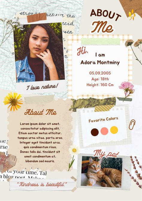 Brown Aesthetic Scrapbook Personal Profile About Me Poster 🤍 brown, collage, scrapbook, aesthetic, personal, profile, poster, about me, organic, paper🤍 #canva #canvatemplate #freetemplate #canvafree Scrapbook About Yourself, My Profile Template Aesthetic, Journal Profile Ideas, Personal Collage Ideas, Poster About Yourself, Slambook Aesthetic, About Me Graphic Design, Aesthetic Scrapbook Template, Profile Template Aesthetic