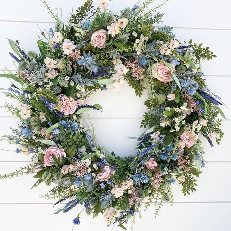 The Blooming House Company on Instagram: “The 28” Garden Party Wreath has all the florals that my garden dreams are made of. This beauty features: -green and blue thistle -blush…” Overgrown Garden, Color Door, Pink Berries, Blue Thistle, Cottage Wreath, Floral Words, Lavender Wreath, Gold Wreath, Pretty Wreath