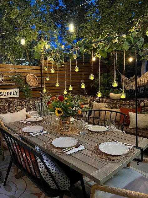 Garden Table Lighting Ideas, Over The Table Garland, Lights Over Picnic Table, Hanging Decor Over Table, Over The Table Decorating Rod, Patio Decorating Ideas Lights, Table Rod Decoration, Decorating Rod For Table, Outdoor Garden Party Ideas Decoration