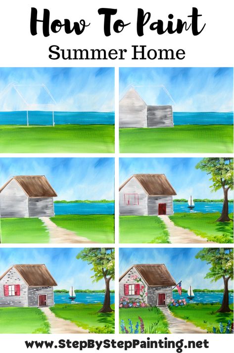 How To Paint "Summer Home" - Acrylic Painting Tutorial How To Paint Step By Step, Cat Gouache, House Acrylic Painting, Summer Landscape Painting, Painting Step By Step, Fall Canvas Painting, Painting Flowers Tutorial, Acrylic Art Projects, Rose Vine