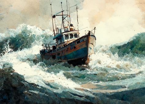 Vintage Painting Fishing Boat Waves Stormy Sea Printable - Etsy Brasil Boat On Stormy Sea Painting, Fishing Boats Photography, Fishing Boat Art, Ship Painting Acrylic, Boat Art Painting, Sea And Boat, Fishing Boat Painting, Boat On Sea, Boat Painting Acrylic