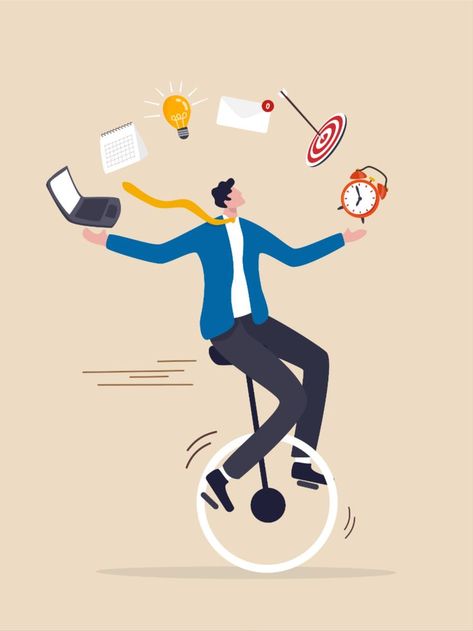 Productive master, productivity and project management skill, multitasking work and time management concept, skillful businessman riding unicycle juggling elements, laptop, calendar, ideas and emails. Time Management Images, Time Management Pictures, Skill Illustrations, Business Management Pictures, Habits Illustration, Time Management Illustration, Job Wallpaper, Stock Market Graph, Vector Picture