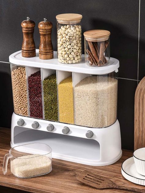 5 Grid Cereal Dispenser,Rice dispenser 25 pounds Kitchen Storage with Measuring Cup Food Spoilage, Rice Dispenser, Rice Food, Dry Rice, Cereal Containers, Cereal Dispenser, Comfortable Life, Food Dispenser, Kitchen Must Haves