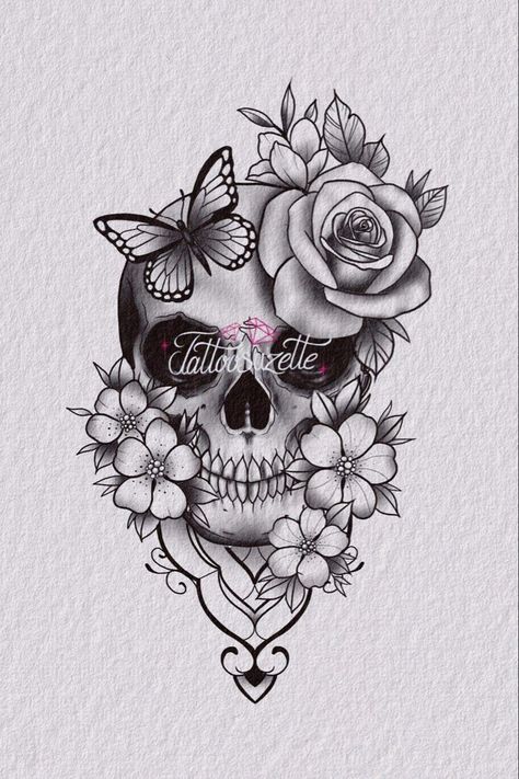 Tropisches Tattoo, Pretty Skull Tattoos, Floral Skull Tattoos, Girly Skull Tattoos, Skull Thigh Tattoos, Candy Skull Tattoo, Skull Tattoo Flowers, Skull Tattoo Designs, Tato Paha