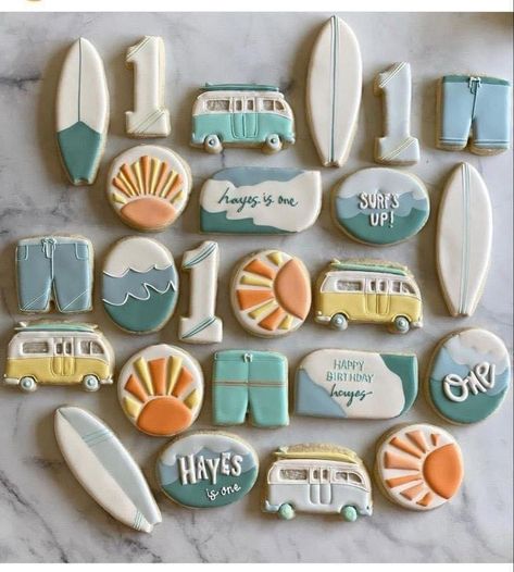 1st Birthday Party Summer Theme, Surfing Birthday Cookies, Ocean Party Table Decor, My First Wave Birthday, Surfing Birthday Theme, First Wipeout Birthday Party, Summer Boy First Birthday Theme, First Big Wave Birthday Party, Surf Theme Food