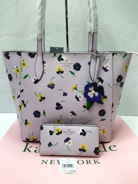 Kate Spade New York Dana Multicolor Leather Floral Large Tote Bag W/ Wallet -NWT 100% authentic New with tags MSRP: $359 (tote) + $159 (Wallet) Features: * Material:  leather, PVC * Color: Multi Pansy Toss Print * Size: large  * Measurements (L x H x W): 11.5" x 11.5" x 5.5" * Zip-top closure * Fabric lining inside * Inside zipper and open pockets * Leather handles with 11" drop   * Style #k6077 * Matching wallet   Please see the images for further detail and ask any questions you may have befor Nightmare Before Christmas Purse, Fem Outfits, Kate Spade Clothes, Purse Aesthetic, Luxury Tote Bags, 24th Birthday, Kate Spade Totes, Leather Floral, Fancy Bags