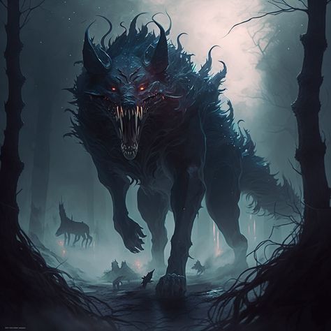 A large wolf-like creature growls at camera, possibly ready to fight. It’s fur is, at a closer look, made of tentacles and the follicles are actually small tendrils of smoke. This ethereal monstrous beast is not of our world. Shadow Beast Fantasy Art, Cold Monster Art, Fantasy Wolf Monster, Spider Wolf Hybrid, Wolf Like Creature, Dog Monster Art, Fantasy Dark Creature, Fantasy Wolf Concept Art, Monster Wolf Art