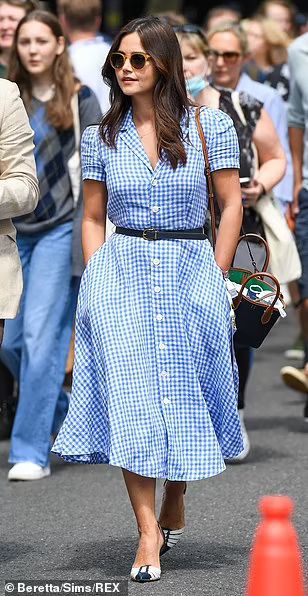 Jenna Coleman joins Frank and Christine Lampard and David Beckham for day 11 of Wimbledon  | Daily Mail Online Checked Dress Outfit, Christine Lampard, Gingham Dress Outfit, Blue Gingham Dress, Checked Dress, Simple Frocks, Jenna Coleman, Check Dress, Work Dress