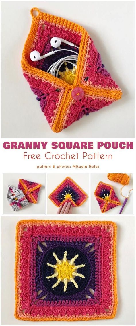 Granny Square Pouch or Coin Purse Free Crochet Pattern Granny Square Pouch, Granny Square Haken, Crochet Collection, Granny Square Crochet Pattern, Chale Crochet, Diy Crochet Projects, Square Patterns, Crochet Squares, Crochet Granny