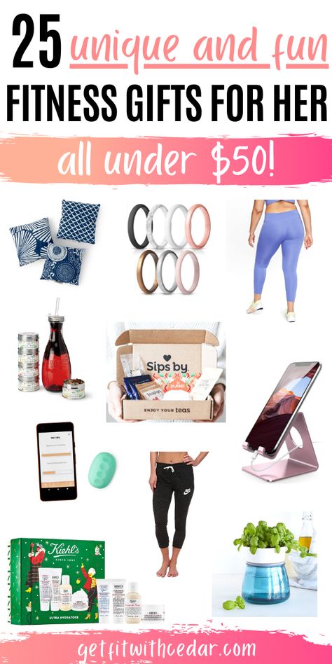 Here are 25 fitness gifts for her - all under $50! Each of these fitness lover gift ideas are unique and thoughtful. Check out this list to crush your gift-giving this holiday - without breaking the bank! #fitnessgiftideas #fitnessgiftguide #giftsforwomen #giftsunder50forher Workout Gifts For Women Christmas, Running Gifts For Women, Fitness Christmas Gifts, Gifts For Gym Lovers Woman, Workout Gift Basket, Fitness Gift Basket Ideas, Fitness Gifts For Women Ideas, Gym Gift Ideas, Fitness Gift Basket