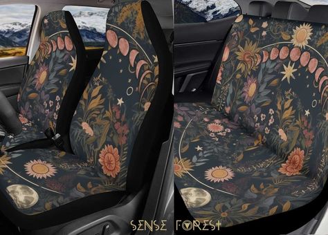 Cottagecore Car, Car Headrest, Back Seat Covers, Cute Car Accessories, Black Back, Car Seat Cover, Steering Wheel Cover, Gold Print, Car Seat Covers