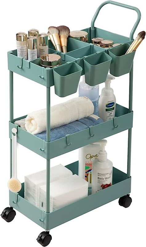 Bathroom Storage Cart, Storage Cart On Wheels, Hanging Cups, Bathroom Cart, Cart Organizer, Space Saving Shelves, Cart On Wheels, Organization Cart, Rolling Utility Cart